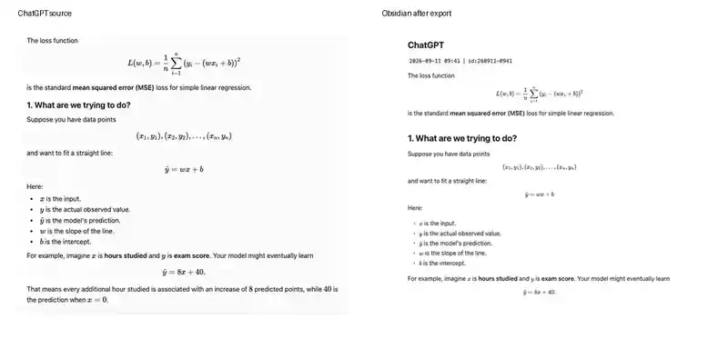 ChatGPT math expressions compared with the same conversation after export to Obsidian